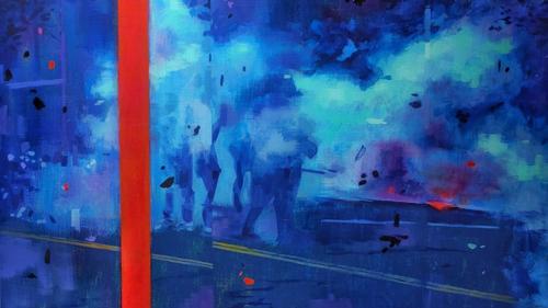 abstract painting of people walking down the middle of the street at night with fog, 五彩纸屑, 或烟